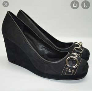 Authentic Vintage Coach issy signature monogram black leather &fabric logo wedge